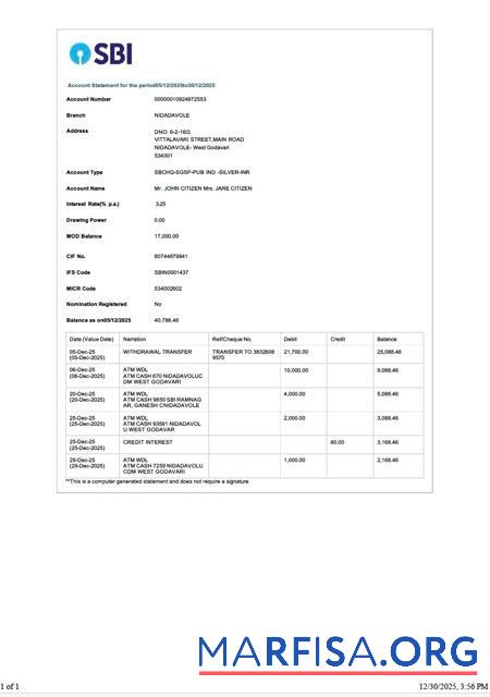 Printable India State Bank of India account statement word version 3 real example